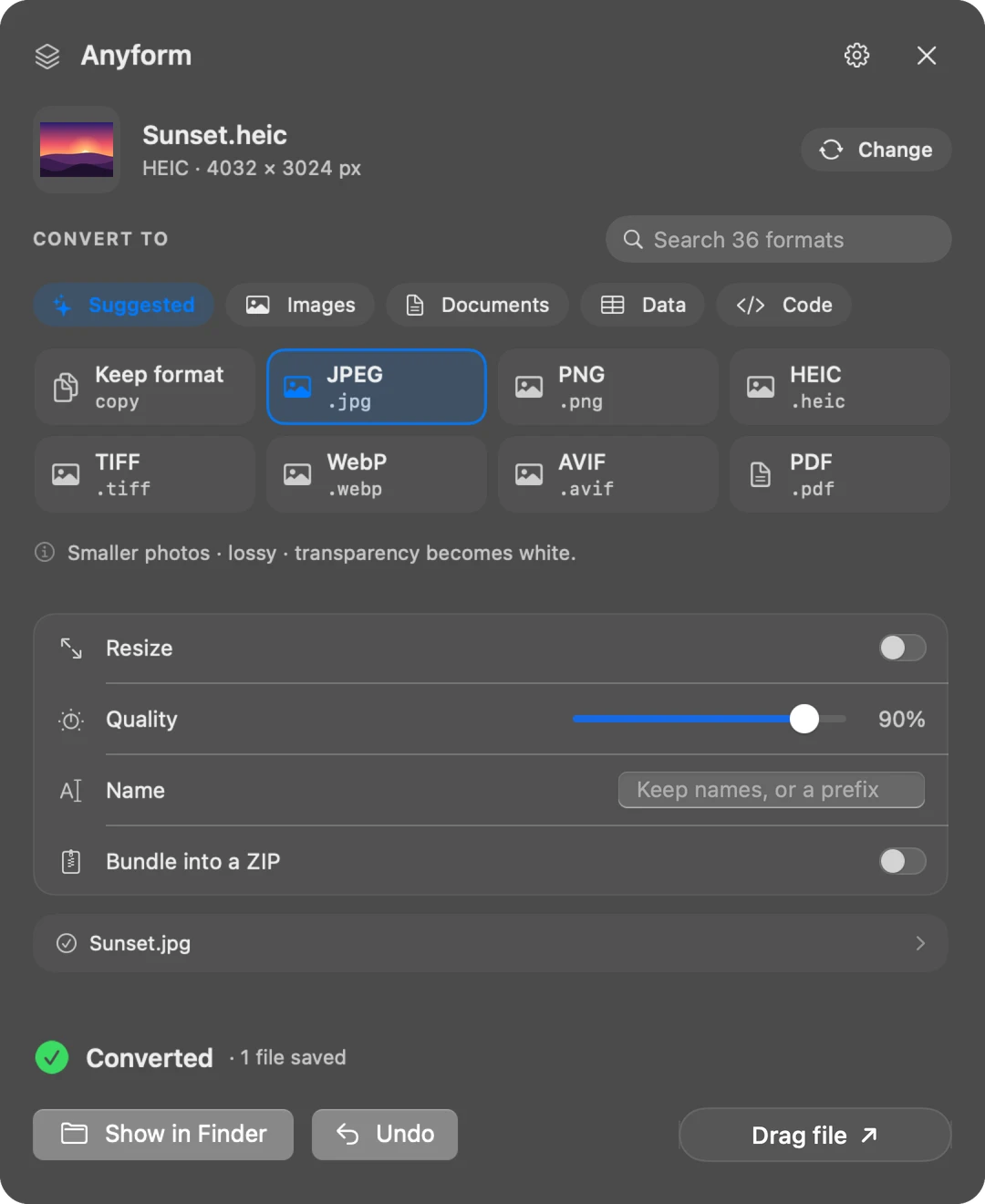 Anyform after converting: Converted, one file saved, with Show in Finder, Undo and drag buttons