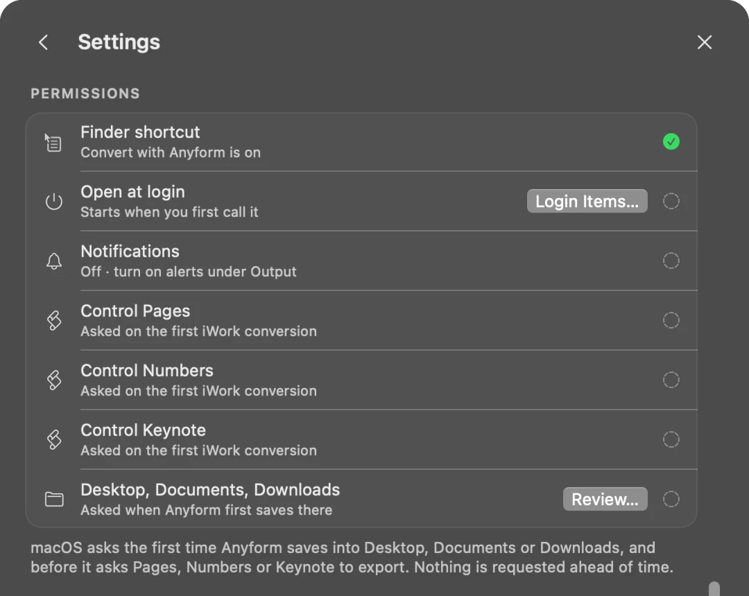 Anyform Settings showing a permissions checklist with live status for each item