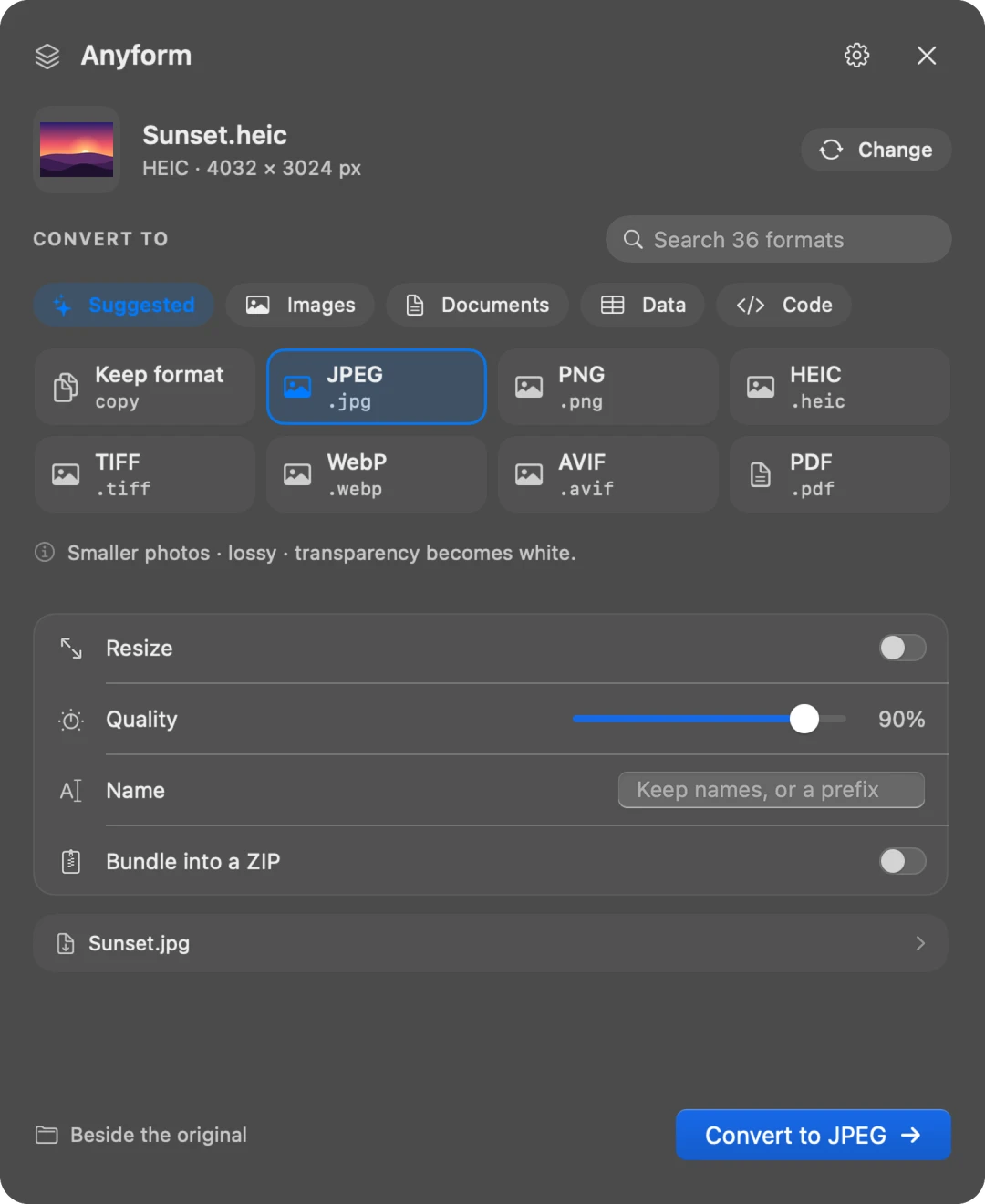 Anyform's popup over Finder: Sunset.heic selected, JPEG chosen from suggested formats, ready to convert