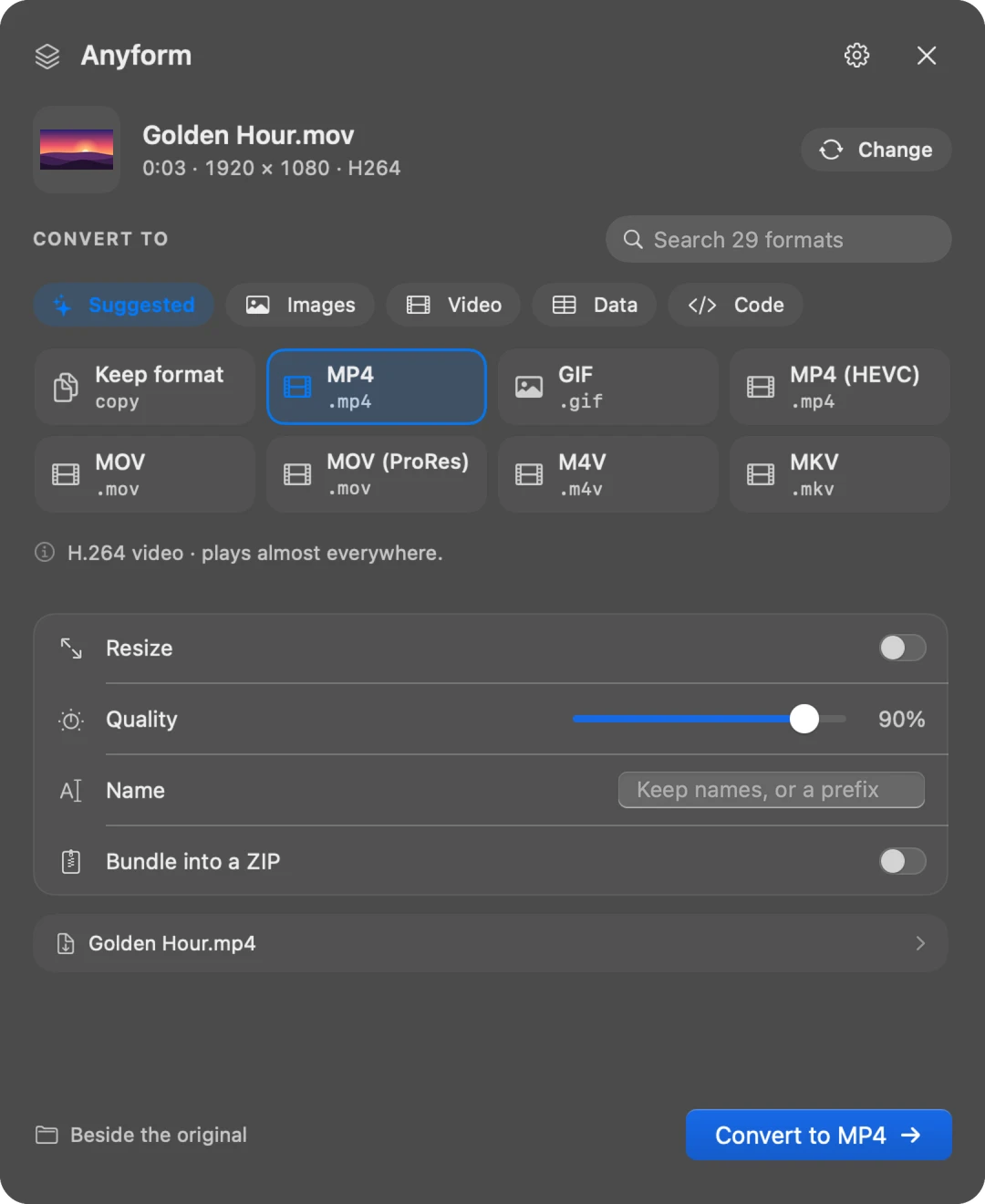 Anyform with a video selected, offering MP4, GIF, HEVC, ProRes, MKV and more