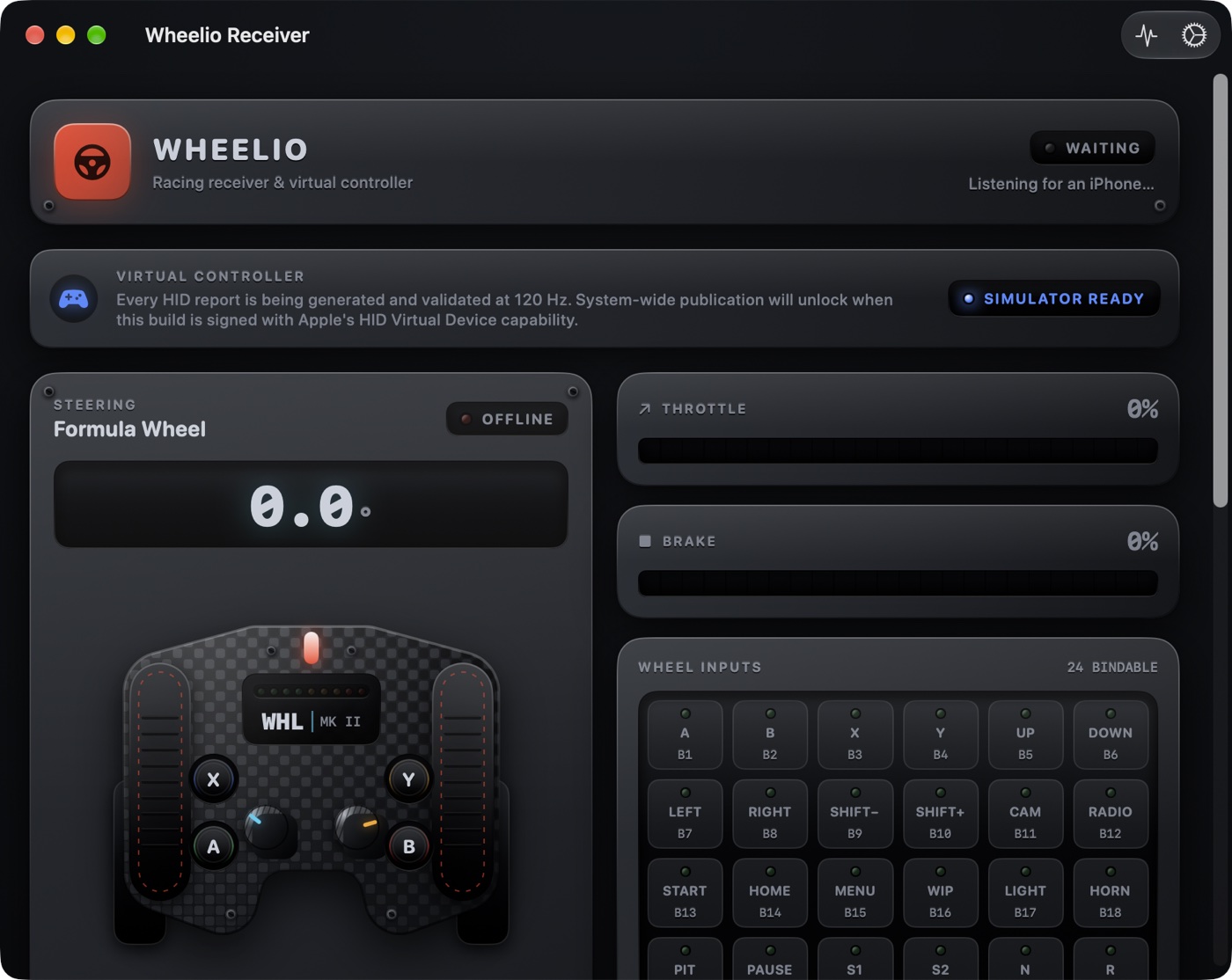 Wheelio Receiver on macOS, with steering, throttle, brake and 24 bindable wheel inputs